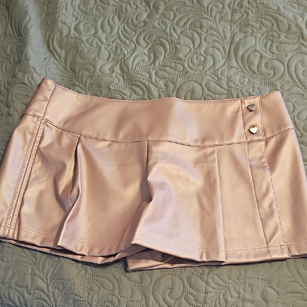 Pink Faux Leather Mini Skort with Heart Accents